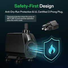 VIVOSUN 1050GPH submersible pump suction cups ensure secure mounting