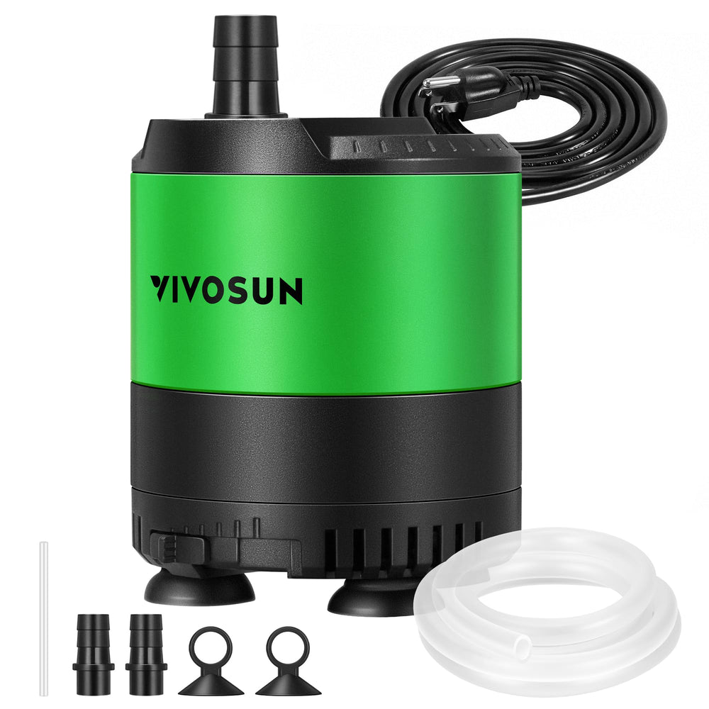 VIVOSUN 210GPH submersible pump with 360-degree inlet for flexible aquarium layouts.