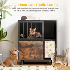 VKTO cat feeding station with scratching board and toy storage side angle.
