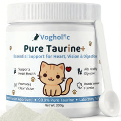 Vogholic Taurine Powder for Cats bottle promotes heart and vision support for all ages.