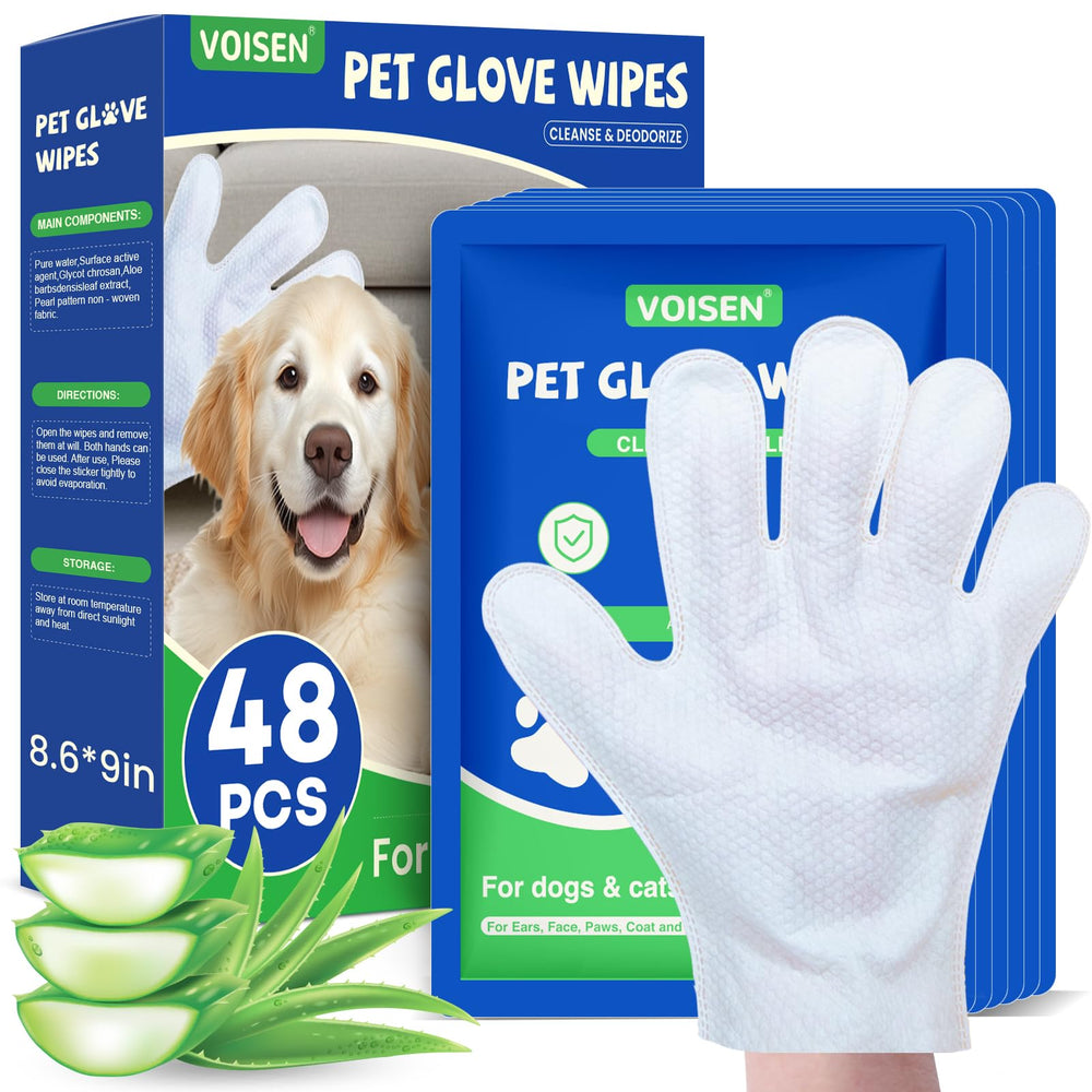 VOISEN Pet Glove Wipes package close-up for quick grooming on the go.