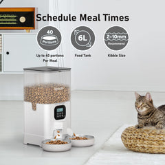 Voluas 6L kibble dispenser highlighting large capacity for daily feeding.