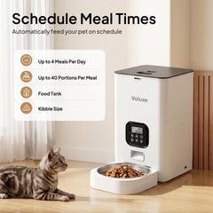 Voluas cat feeder side view highlighting compact footprint for home use.