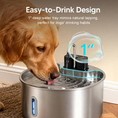 Voluas dog water fountain side profile for flexible cordless placement