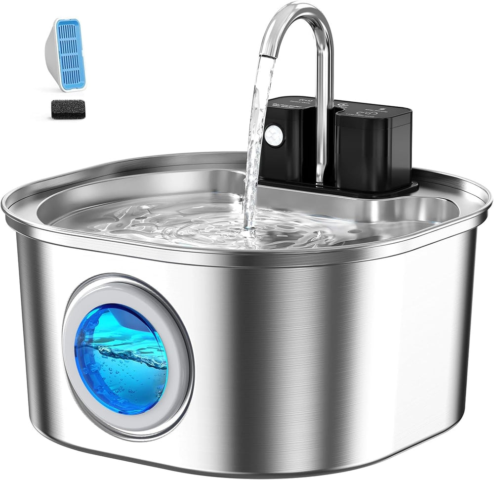 Voluas stainless steel cat fountain with flowing water encourages hydration.