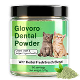 Voorerh Glovoro cat dental powder bottle front supports breath freshness.