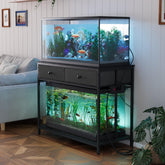 VOWNER 40-Gallon Aquarium Stand front view with sturdy black frame and integrated outlets.