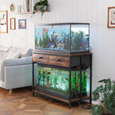 VOWNER 40 gallon stand front view showing sturdy brown frame and cabinet storage