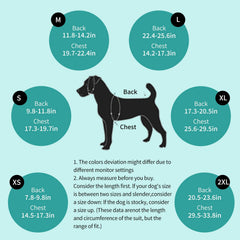 V.PET.B.R dog recovery suit with clear size chart for precise fit.