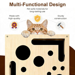 VYIUNKTE wooden cat scratcher construction withstands vigorous play.