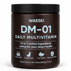 WAESKI DM-01 daily multivitamin bottle boosts dog wellness