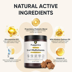 WAESKI Pupganics 60-count jar label highlights 5-in-1 wellness benefits.