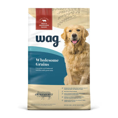WAG adult premium dry dog food beef and brown rice bag view for balanced nutrition
