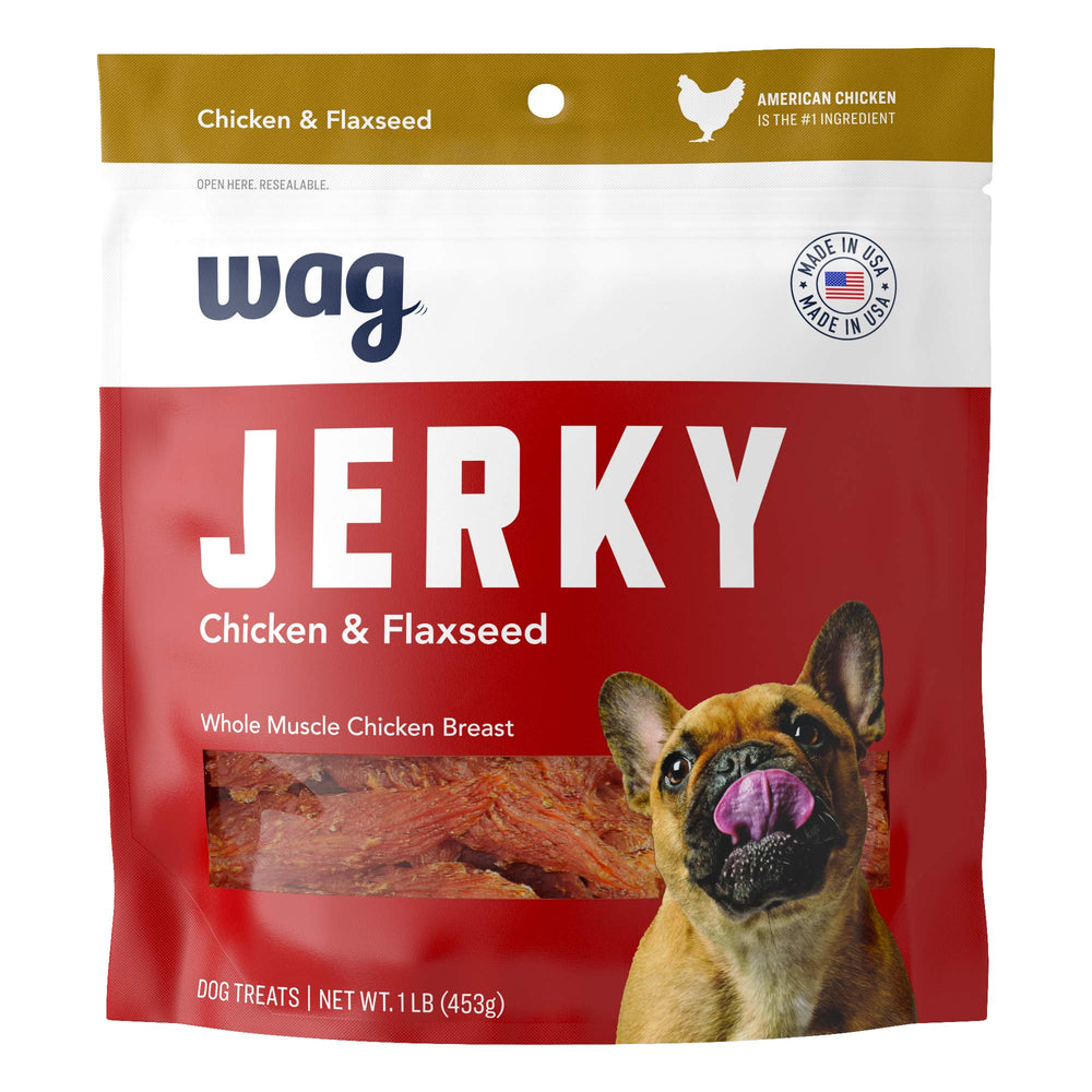 WAG packaging displays whole-muscle chicken jerky for premium dog treats