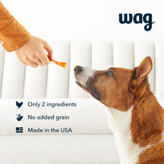 WAG whole muscle chicken jerky close-up highlights chewy texture.