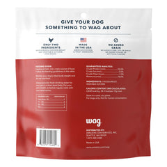 WAG chicken jerky in resealable bag on kitchen counter.