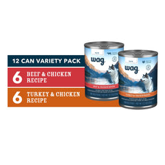 WAG beef and chicken can close-up showcasing grain-free formula and natural appeal.