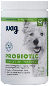 WAG probiotic dog chews bottle shows 160-count pack for daily digestive support.