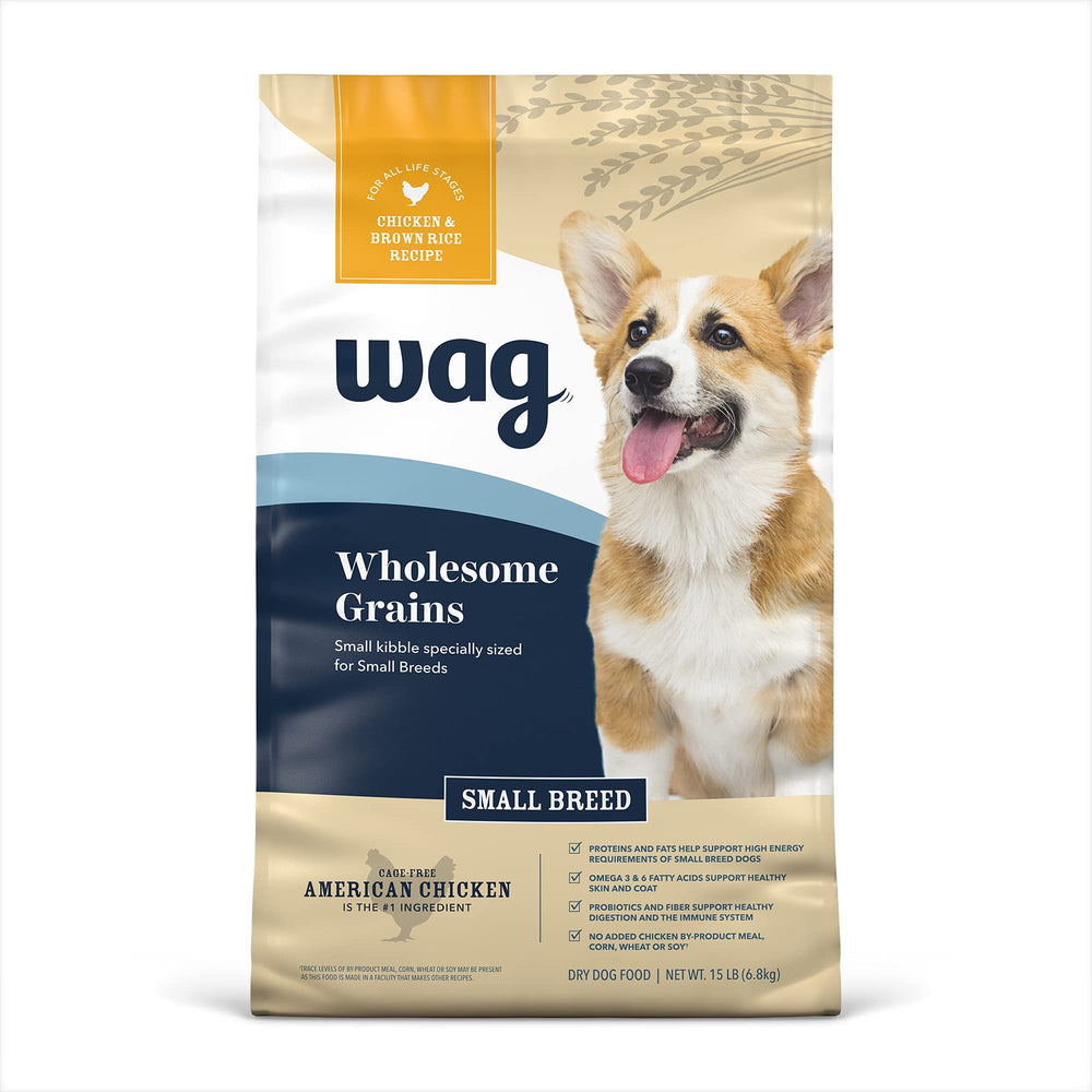 WAG small breed dry dog food bag with chicken and brown rice for energy
