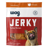 WAG Soft & Tender Turkey Jerky dog treat bag with resealable packaging for freshness.