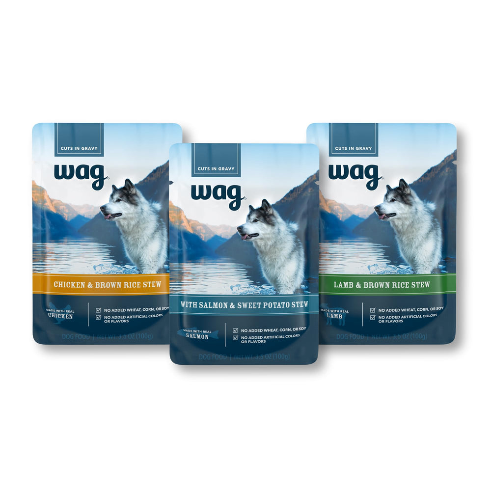WAG Wet Dog Food Topper chicken stew in gravy pouch to enhance meals.