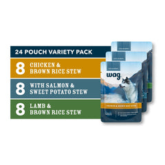 WAG Wet Dog Food Topper salmon stew in gravy pouch boosts palatability.
