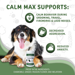 Waggedy Calm Max ingredients closeup highlighting natural botanicals