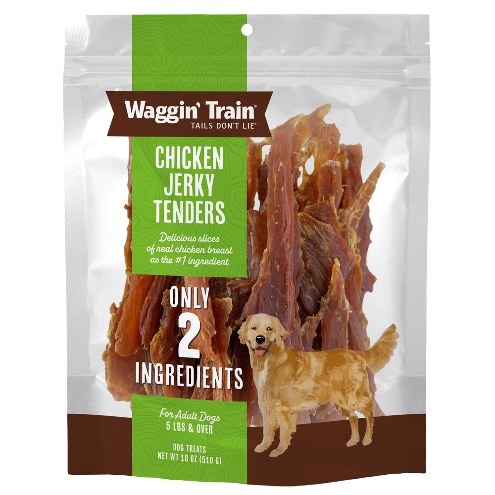 Waggin' Train chicken jerky bag shows a high-protein dog snack