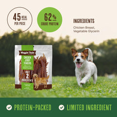 Waggin' Train chicken jerky close-up shows real chicken breast as a high-protein snack.