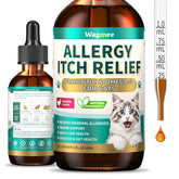 Wagmee cat allergy drops bottle shown for skin support and comfort.