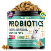 Wagmee Cat Probiotics Tasty Chews packaging highlights convenient daily bites for gut support.