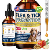 Wagmee flea drops bottle being poured to support skin and coat.