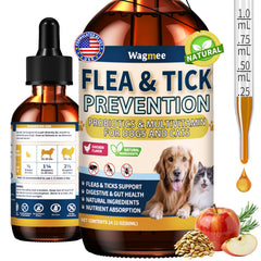 Wagmee flea drops bottle being poured to support skin and coat.