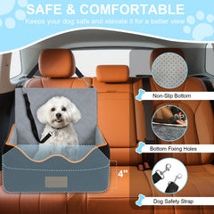 Wagnation dog car seat secured with belt and headrest strap for added safety.