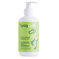 WagWell Ahiflower Omega Oil for dogs bottle with pump, supports skin and coat health