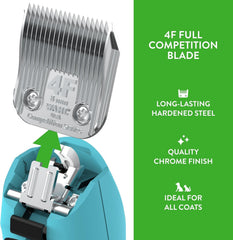 Wahl clipper with 4F blade on a dog coat for smooth trimming.