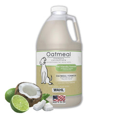 Wahl USA dog shampoo bottle showing oatmeal formula for gentle cleansing.