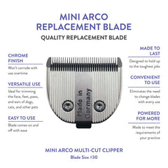 Wahl MiniArco replacement blade ready for trimming face, paws, and ears.