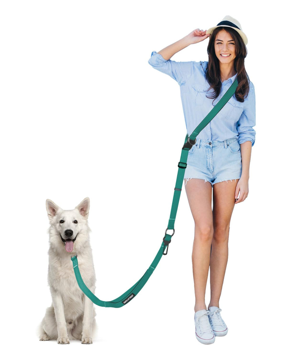 WANFIRE hands-free leash with shoulder strap for comfortable crossbody walking.