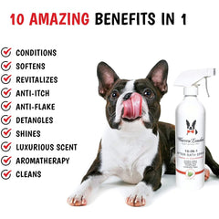 Warren London 10-in-1 spray being brushed through a thick dog coat