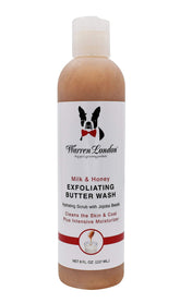 Warren London Exfoliating Butter Wash bottle highlighting 3-in-1 cleansing for dogs.