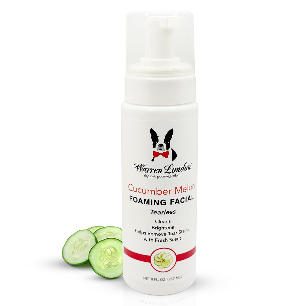 Warren London foaming pet facial wash bottle with pump for tear-free cleansing.