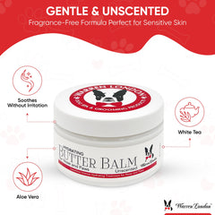 Warren London Hydrating Butter Balm unscented formula shown on a dog's nose for gentle care.