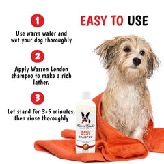 Warren London Magic White Shampoo tear-stain-removal action during a gentle bath.