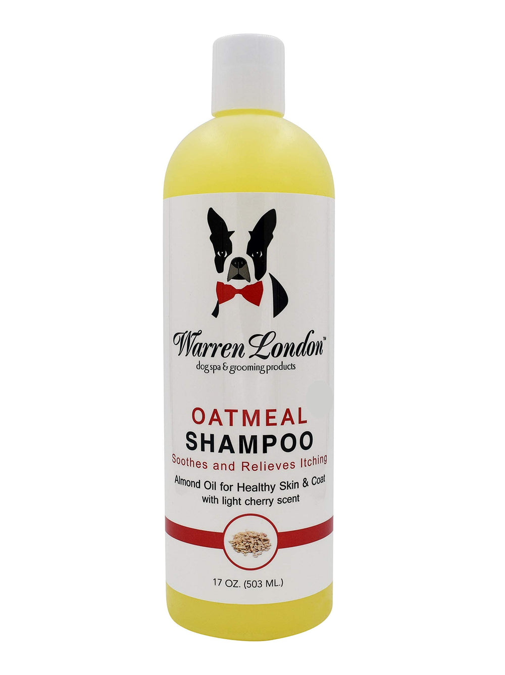 Warren London Oatmeal Dog Shampoo label bottle for sensitive skin soothing properties.