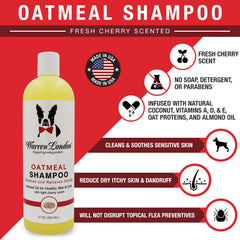 Warren London Oatmeal Dog Shampoo pour bottle demonstrates easy application for a smooth coat.