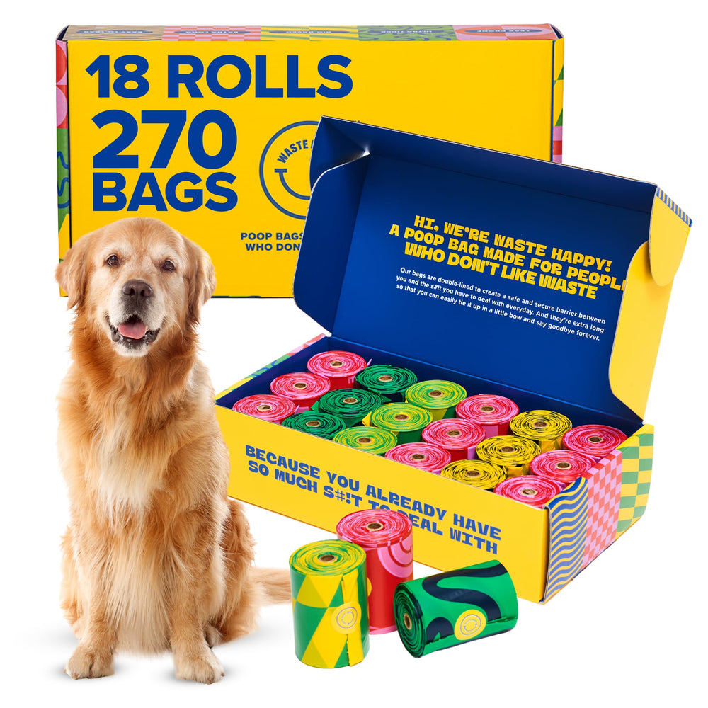 Waste Happy 14-inch dog poop bags roll for easier, cleaner pickups.