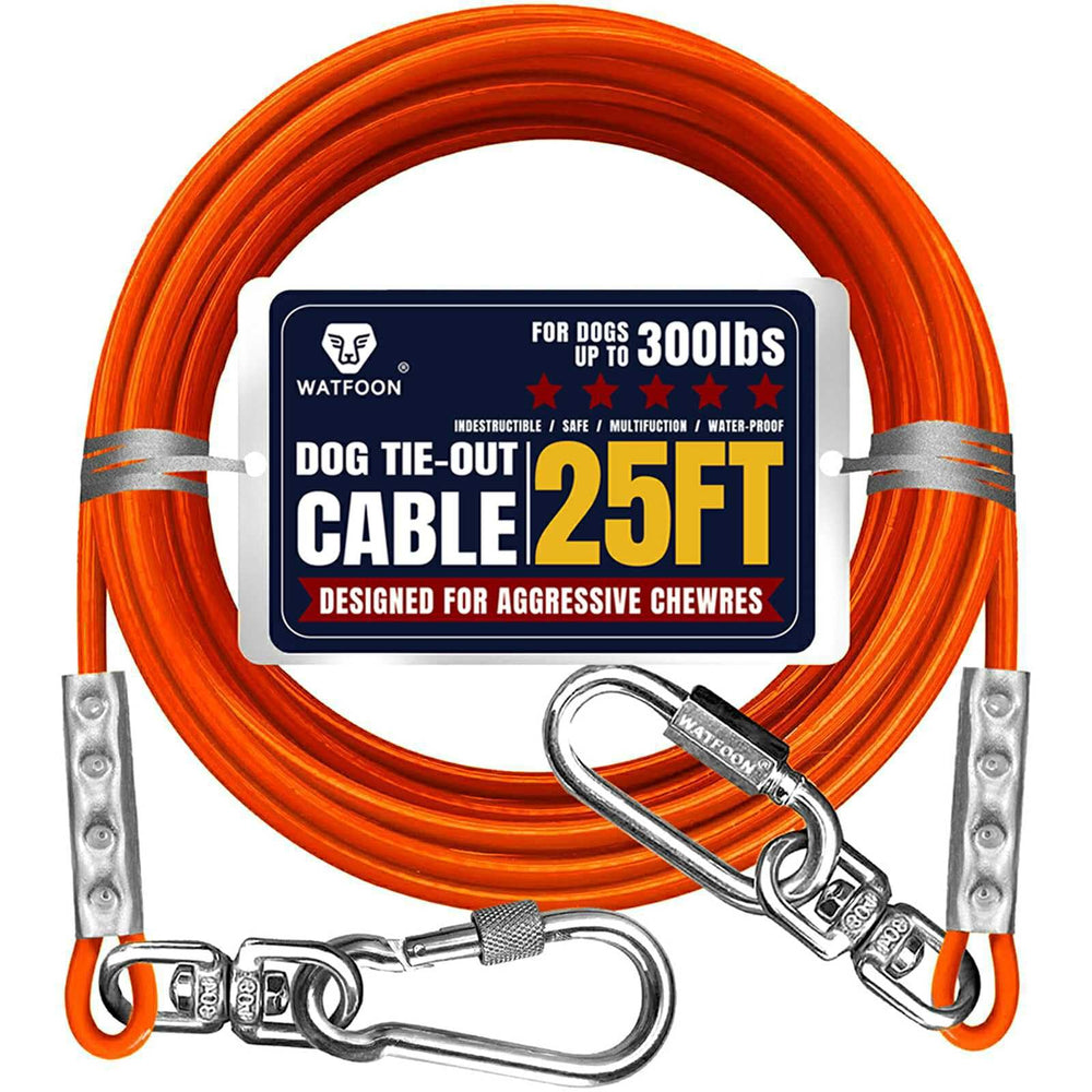 WATFOON tie out cable 25ft orange facilitates safe outdoor roaming for dogs.