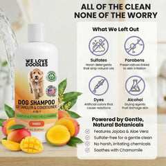 We Love Doodles mango conditioner detangler dispense, helps loosen knots for quick grooming