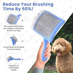 We Love Doodles curved slicker brush features soft pins for gentle brushing.